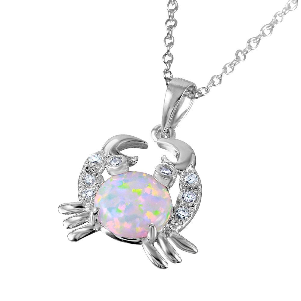 High Polished Rhodium Plated Sterling Silver Crab Necklace with Round CZ Stones and Synthetic White Round Opal Stone in the MiddleAnd Spring Ring Clasp