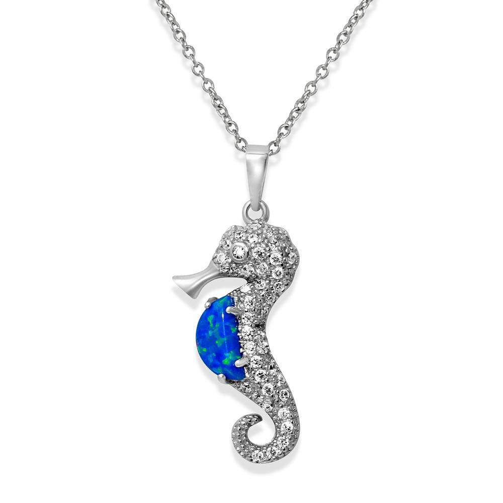 Sterling Silver Rhodium Plated Sea Horse With CZ And Synthetic Blue Opal Necklace