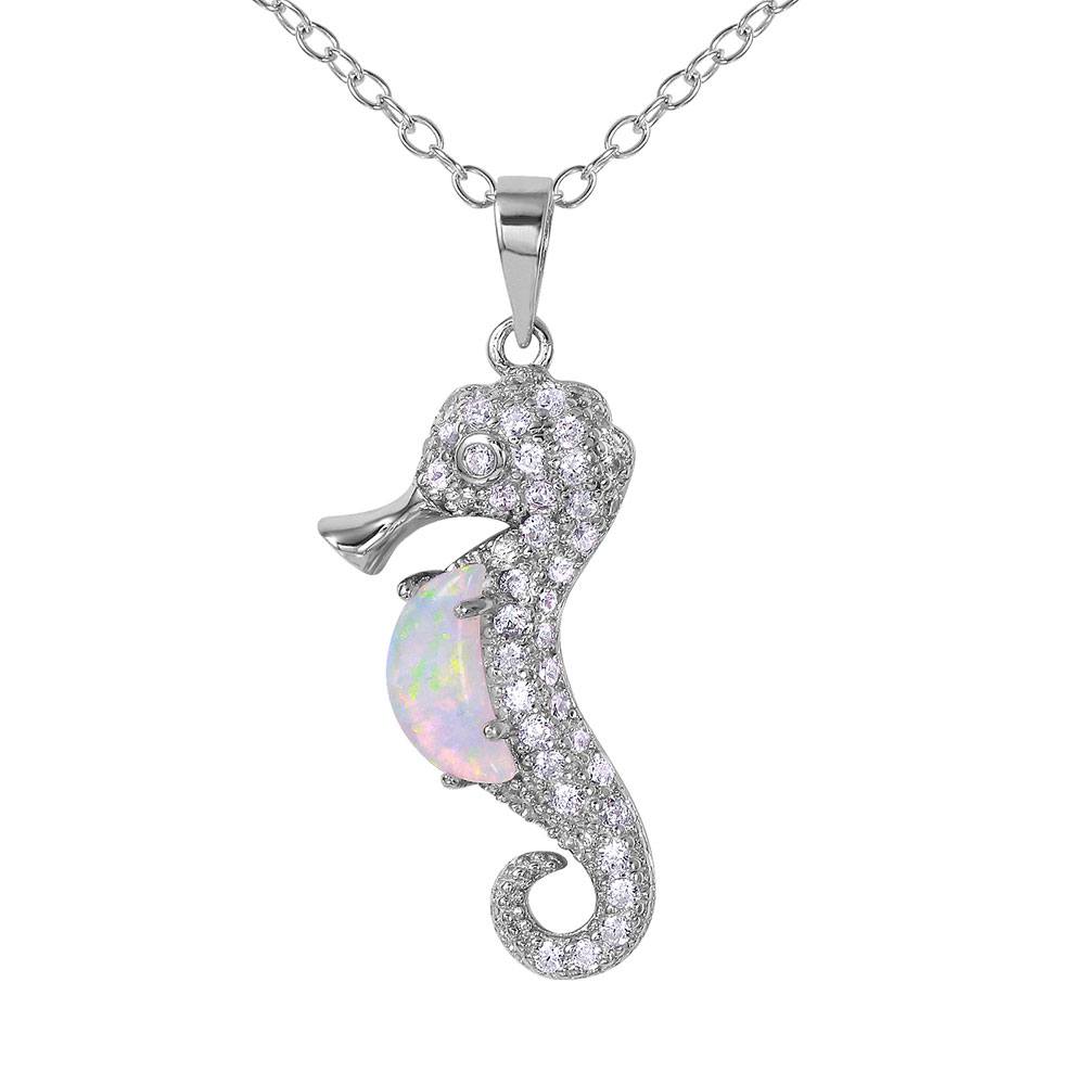 Rhodium Plated Sterling Silver Stylish Seahorse Necklace with Clear CZ Stones and Synthetic White Opal InlayAnd Spring Ring Clasp