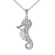 Load image into Gallery viewer, Rhodium Plated Sterling Silver Stylish Seahorse Necklace with Clear CZ Stones and Synthetic White Opal InlayAnd Spring Ring Clasp