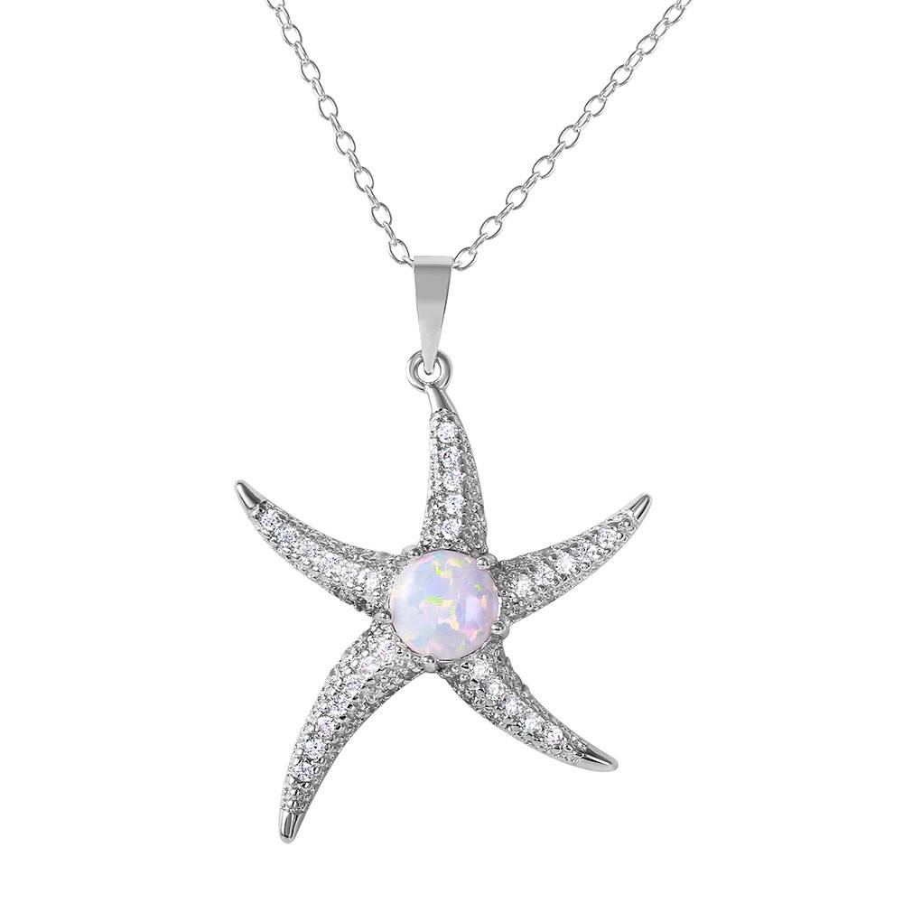 Rhodium Plated Sterling Silver Stylish Starfish Necklace with Clear CZ Stones and Synthetic White Opal Round InlayAnd Spring Ring Clasp and Adjustable Chain Length of 16-18 inches