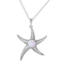 Load image into Gallery viewer, Rhodium Plated Sterling Silver Stylish Starfish Necklace with Clear CZ Stones and Synthetic White Opal Round InlayAnd Spring Ring Clasp and Adjustable Chain Length of 16-18 inches