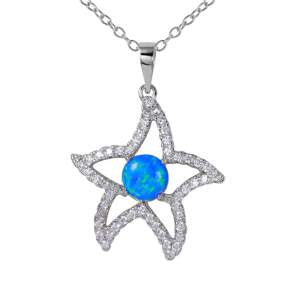 Rhodium Plated Sterling Silver Stylish Open Starfish Necklace with Clear CZ Stones and Synthetic Blue Opal Round InlayAnd Spring Ring Clasp and Adjustable Chain Length of 16-18 inches