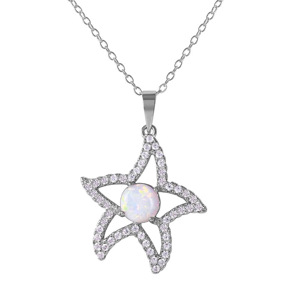 Rhodium Plated Sterling Silver Stylish Open Starfish Necklace with Clear CZ Stones and Synthetic White Opal Round InlayAnd Spring Ring Clasp and Adjustable Chain Length of 16-18 inches