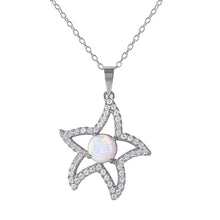 Load image into Gallery viewer, Rhodium Plated Sterling Silver Stylish Open Starfish Necklace with Clear CZ Stones and Synthetic White Opal Round InlayAnd Spring Ring Clasp and Adjustable Chain Length of 16-18 inches