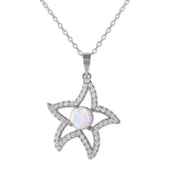 Rhodium Plated Sterling Silver Stylish Open Starfish Necklace with Clear CZ Stones and Synthetic White Opal Round InlayAnd Spring Ring Clasp and Adjustable Chain Length of 16-18 inches