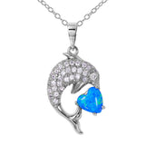 Rhodium Plated Sterling Silver Clear CZ Stone Paved Dolphin with Synthetic Heart Blue Opal NecklaceAnd Pendant Dimension of 21MMx12MM and Springring Clasp