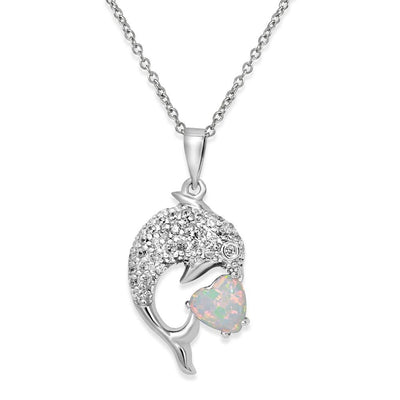 Sterling Silver Rhodium Plated CZ Dolphin Necklace with Synthetic Opal