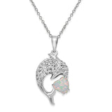 Sterling Silver Rhodium Plated CZ Dolphin Necklace with Synthetic Opal