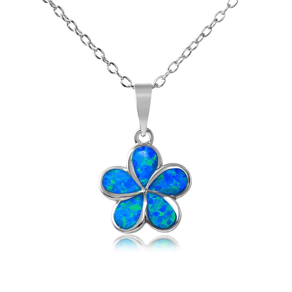 Sterling Silver Rhodium Plated Hibiscus Flower Necklace with Synthetic Blue Opal Stone InlaysAnd Spring Ring Clasp