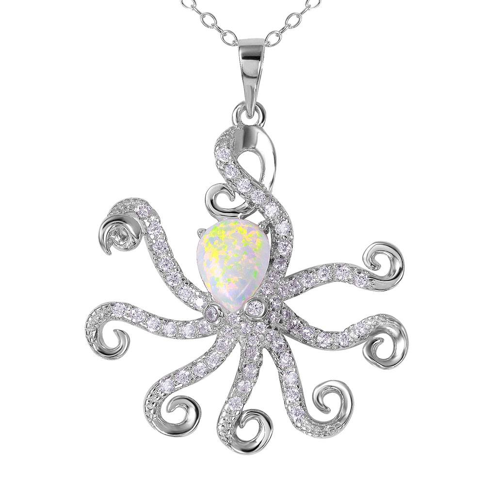 Sterling Silver Rhodium Plated Octopus With CZ And Synthetic Opal Necklace