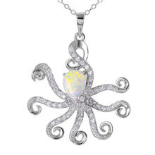 Load image into Gallery viewer, Sterling Silver Rhodium Plated Octopus With CZ And Synthetic Opal Necklace