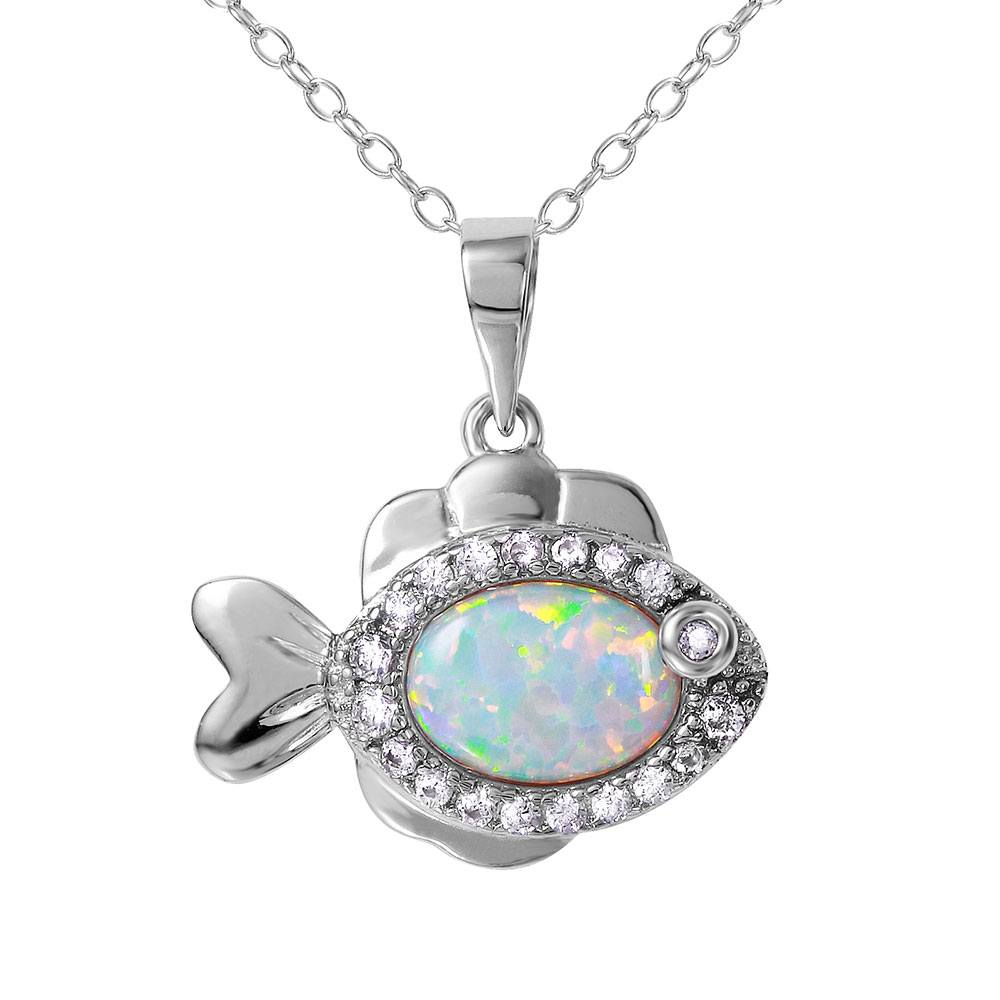 High Polished Sterling Silver Rhodium Plated fish with Clear CZ Stones and Oval White Opal StoneAnd Spring Ring Clasp