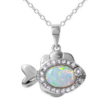 Load image into Gallery viewer, High Polished Sterling Silver Rhodium Plated fish with Clear CZ Stones and Oval White Opal StoneAnd Spring Ring Clasp