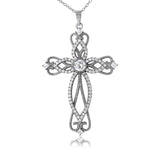 Sterling Silver Rhodium Plated Fashionable Paved Clear CZ Cross Necklace with Intricate Design