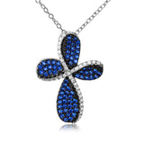 Sterling Silver Black and Clear Rhodium Plated Cross Necklace Paved with Blue and Clear CZ StonesAnd Spring Ring Clasp