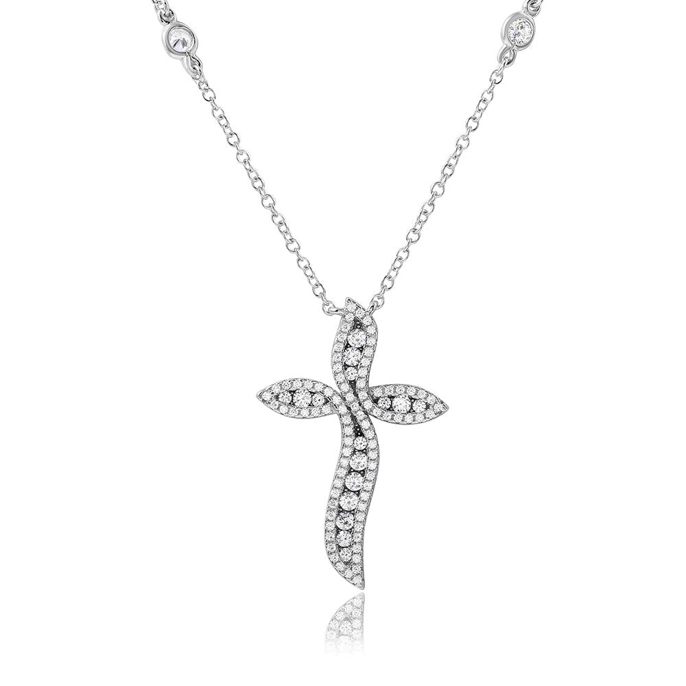 Sterling Silver Rhodium Plated CZ Wavy Cross Necklace
