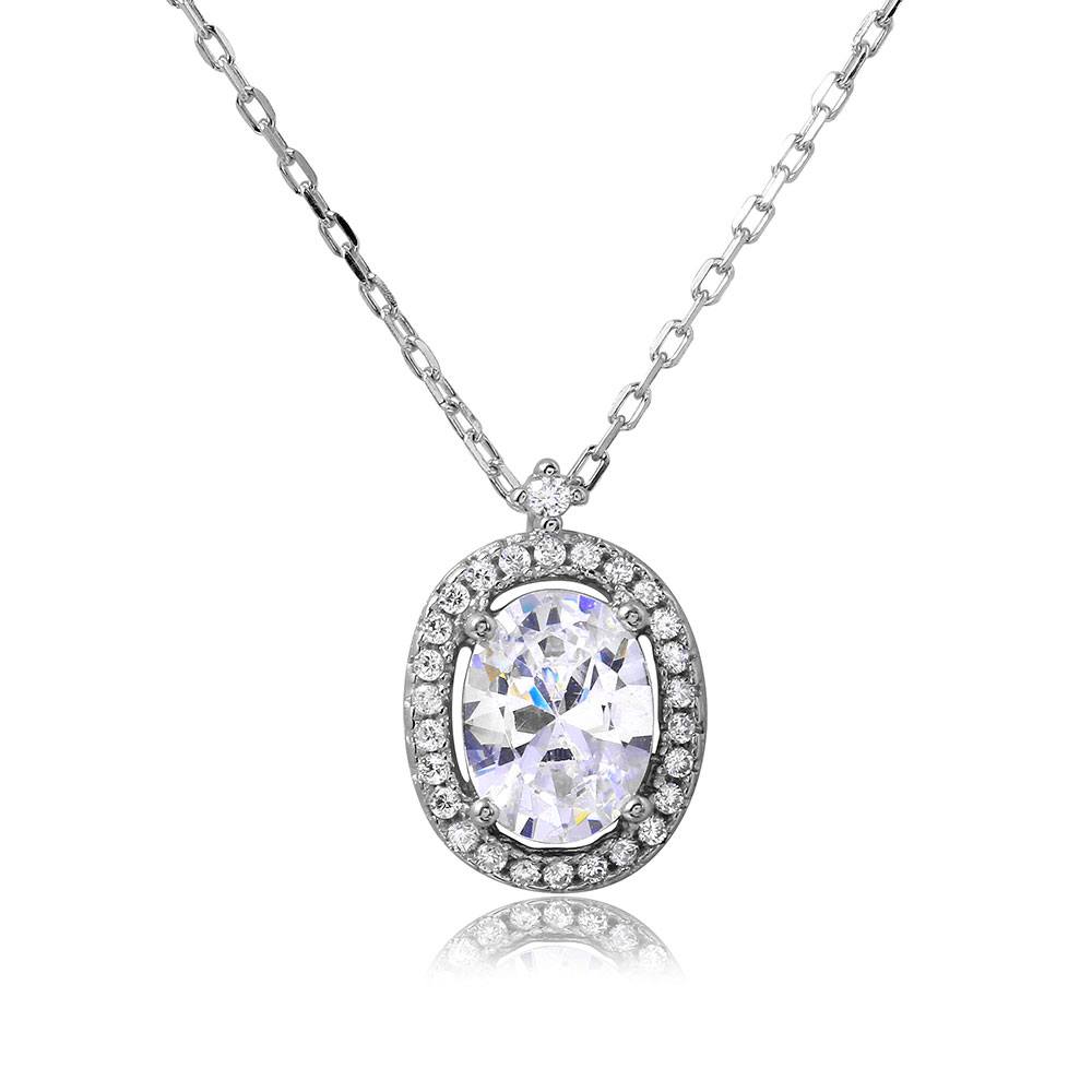 Sterling Silver Rhodium Plated Oval Halo CZ Necklace���������