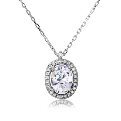 Sterling Silver Rhodium Plated Oval Halo CZ Necklace