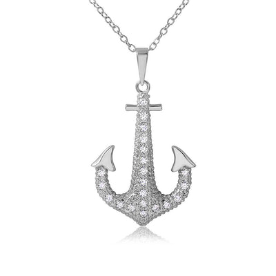 Sterling Silver Rhodium Plated CZ Anchor Necklace
