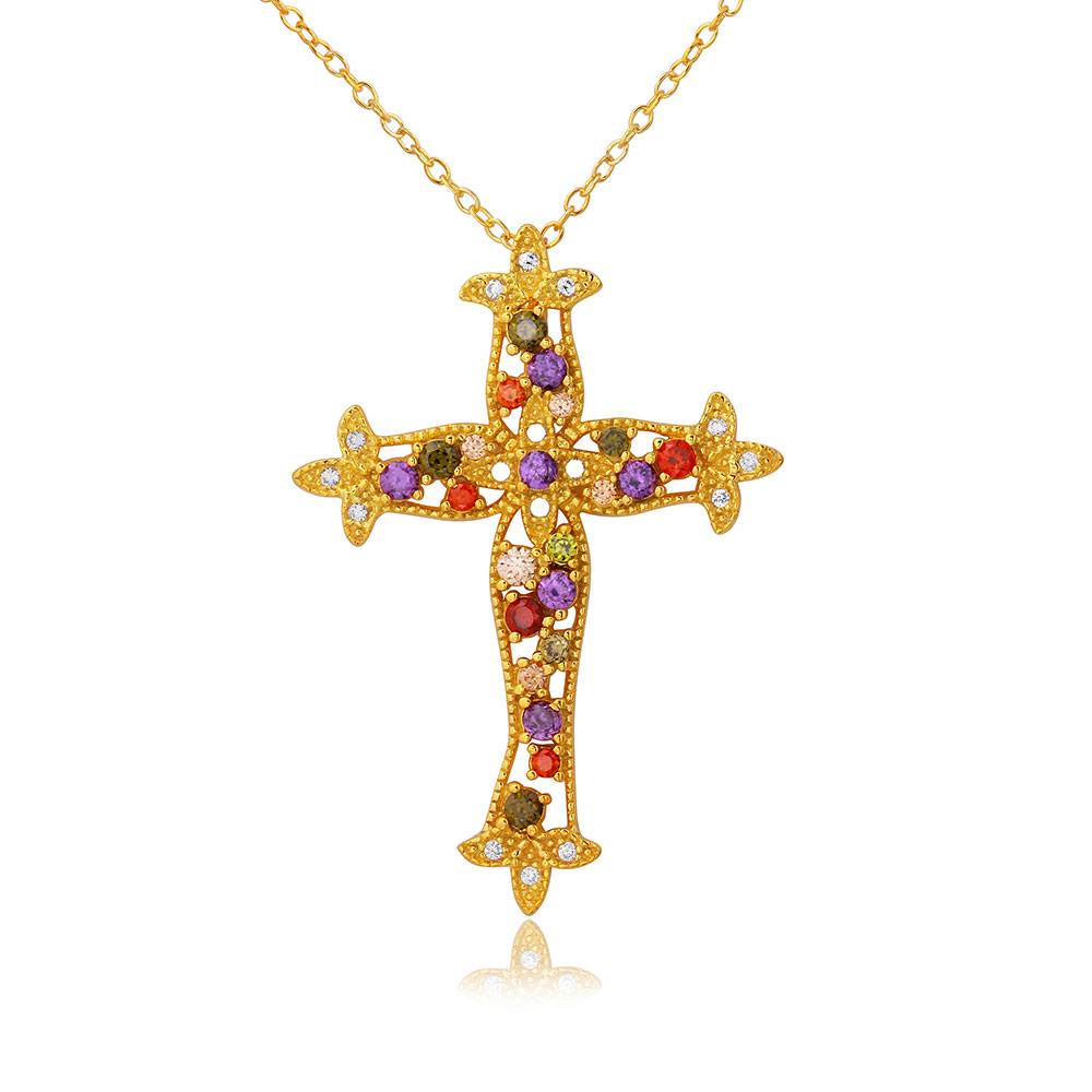 Sterling Silver Gold Plated Multi Color CZ Cross Necklace