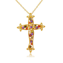 Load image into Gallery viewer, Sterling Silver Gold Plated Multi Color CZ Cross Necklace