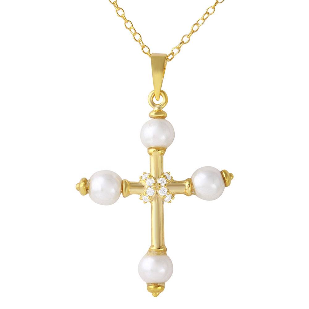 Sterling Silver Gold Plated Cross with Synthetic Pearl Necklace