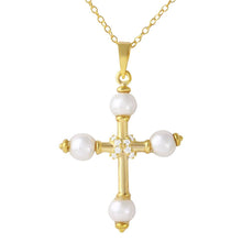 Load image into Gallery viewer, Sterling Silver Gold Plated Cross with Synthetic Pearl Necklace