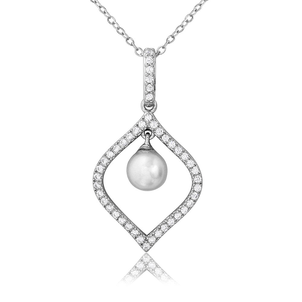 Sterling Silver Rhodium Plated CZ Open Drop with Dangling Synthetic Pearl Necklace