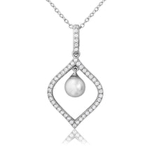 Load image into Gallery viewer, Sterling Silver Rhodium Plated CZ Open Drop with Dangling Synthetic Pearl Necklace