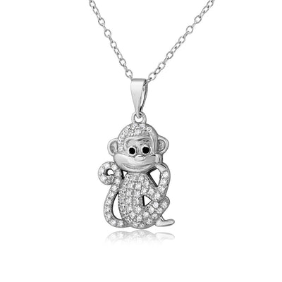 Sterling Silver Rhodium Plated CZ Monkey Necklace