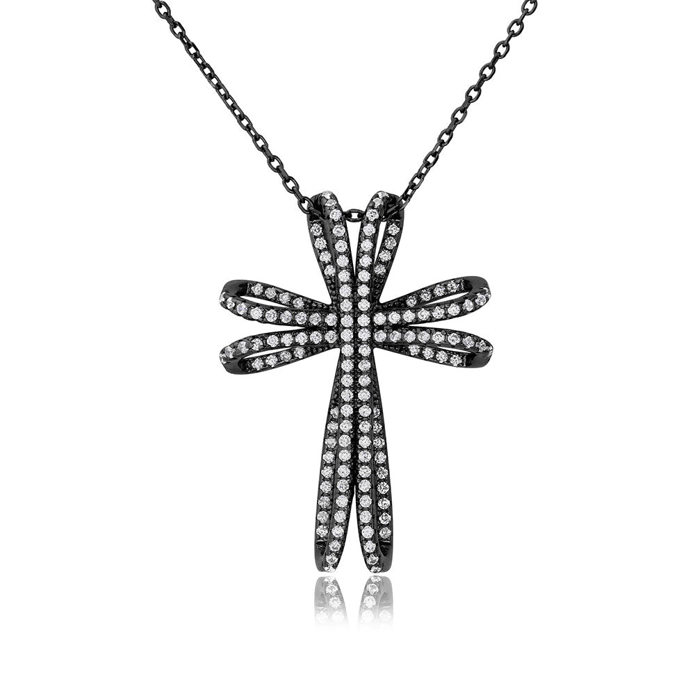 Sterling Silver Black Rhodium Plated CZ Double Cross Necklace