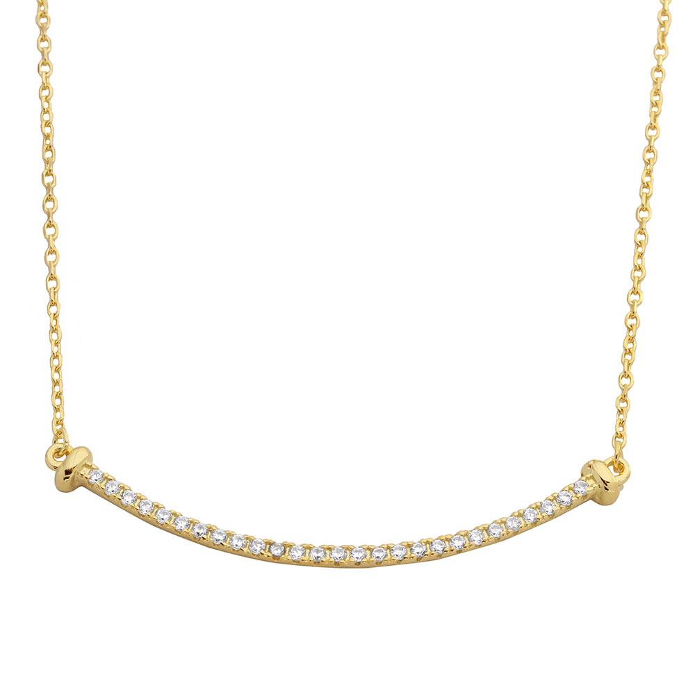 Sterling Silver Gold Plated Curved CZ Bar Necklace