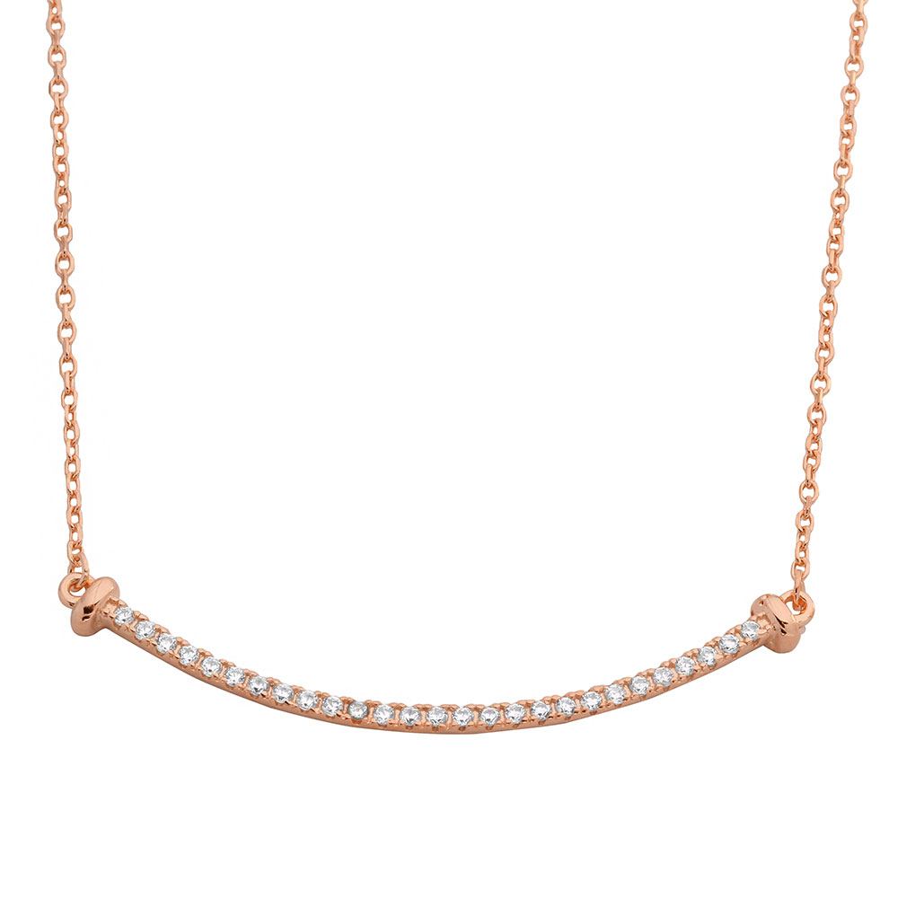 Sterling Silver Rose Gold Plated Curved CZ Bar Necklace