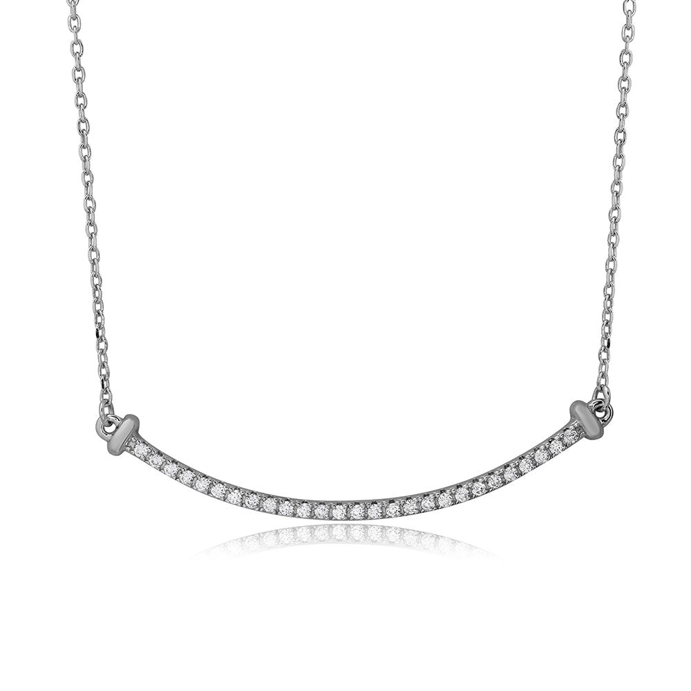 Sterling Silver Rhodium Plated CZ Curve Line Necklace
