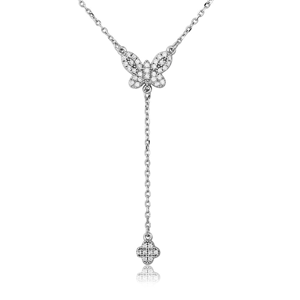 Sterling Silver Rhodium Plated CZ Butterfly With Hanging Clover Necklace