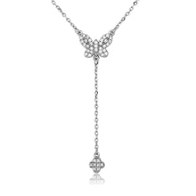 Load image into Gallery viewer, Sterling Silver Rhodium Plated CZ Butterfly With Hanging Clover Necklace