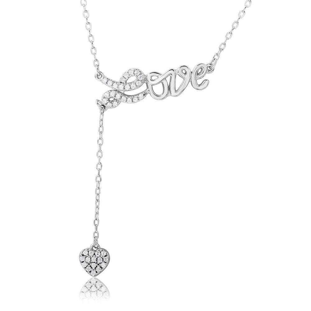 Sterling Silver Rhodium Plated CZ Love With Hanging Heart Necklace