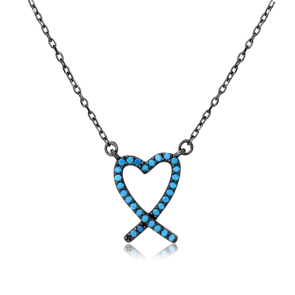 Sterling Silver Black Rhodium ���������Open Heart Necklace With Turquoise Stones