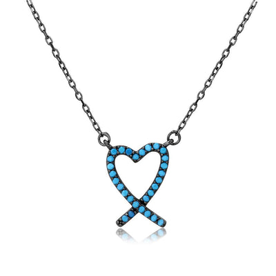 Sterling Silver Black Rhodium Open Heart Necklace With Turquoise Stones