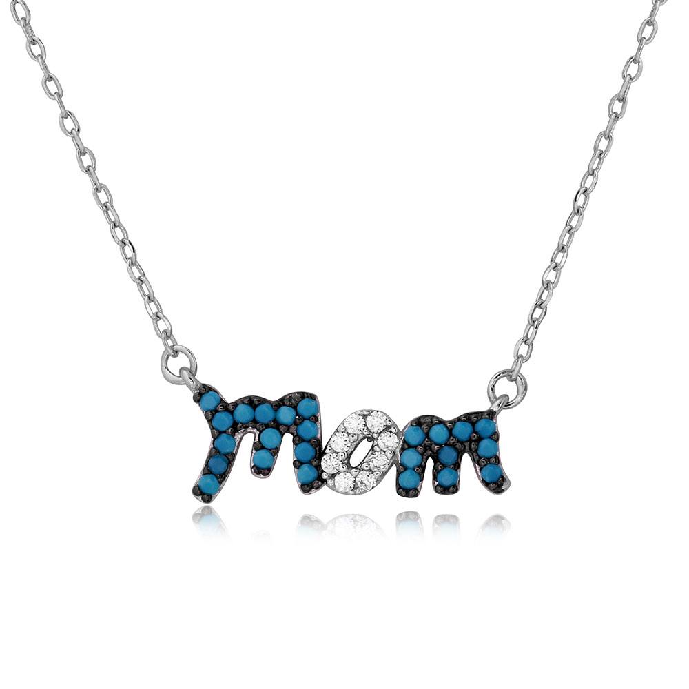 Sterling Silver Rhodium Plated Turquoise And CZ Stones Mom Necklace