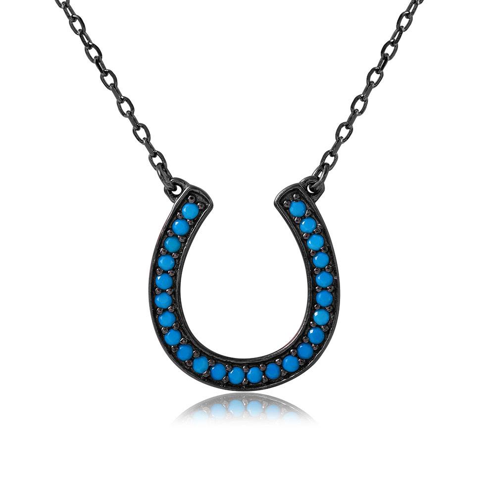 Sterling Silver Black Rhodium Plated Turquoise Stone Horse Shoe Necklace