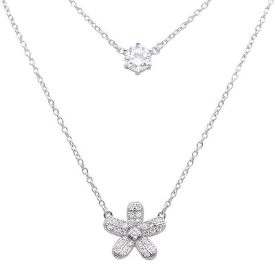 Sterling Silver Rhodium Plated Double Chain CZ And Hibiscus Flower .925 Necklace