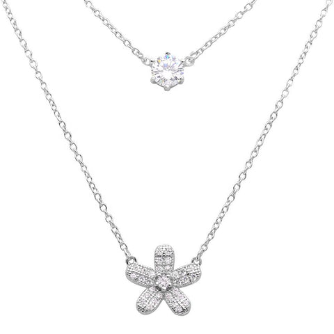 Sterling Silver Rhodium Plated Double Chain CZ And Hibiscus Flower .925 Necklace