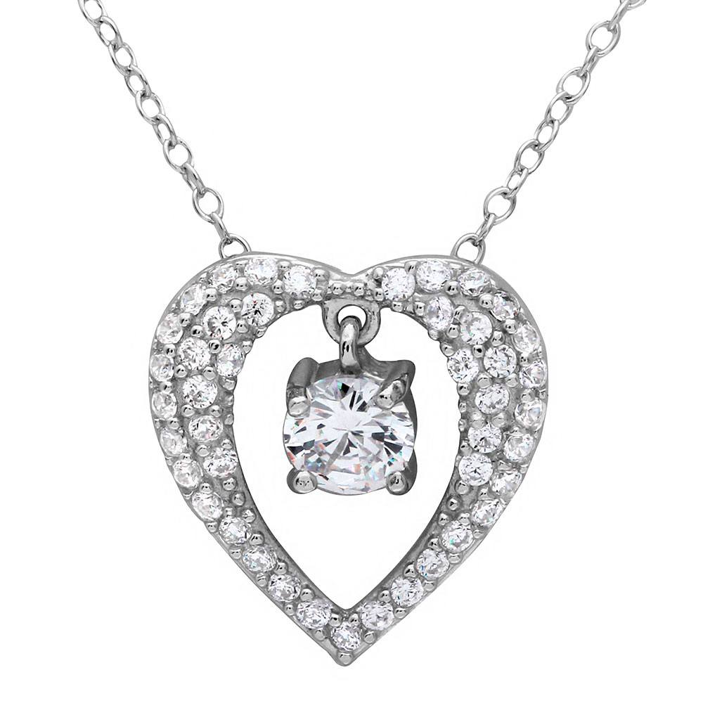 Sterling Silver Rhodium Plated Open Heart Necklace With Hanging Stone