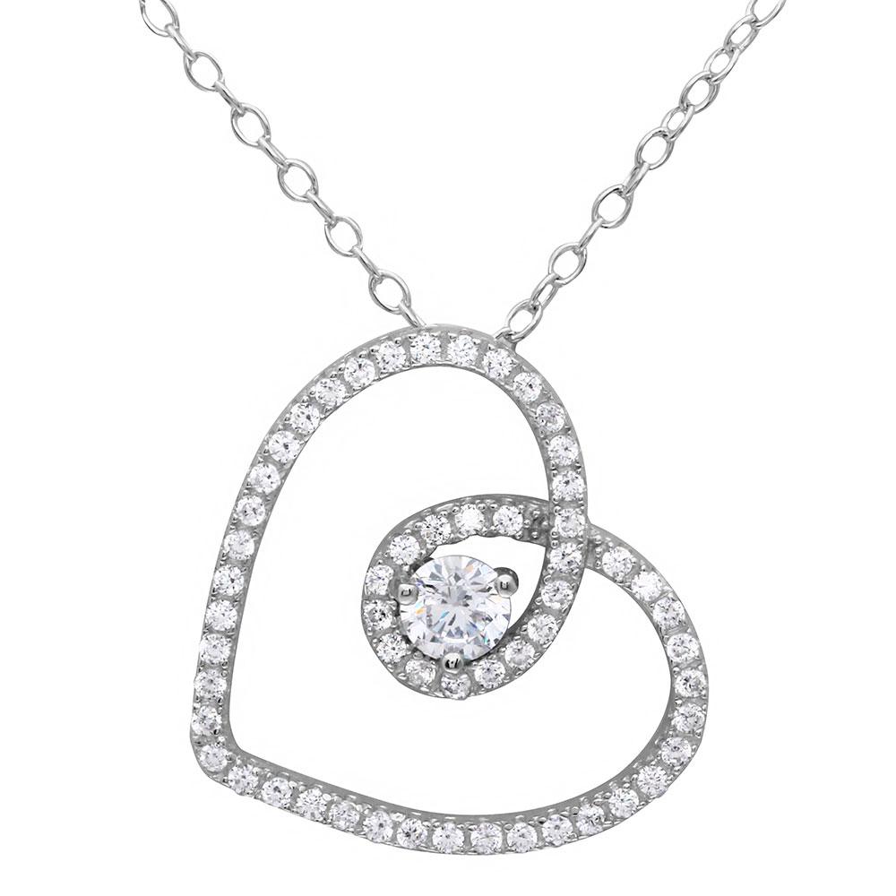 Sterling Silver Rhodium Plated CZ Open Script Heart Necklace