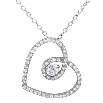 Sterling Silver Rhodium Plated CZ Open Script Heart Necklace