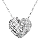 Sterling Silver Rhodium Plated 2 Sided Baguette CZ Stones Heart Necklace