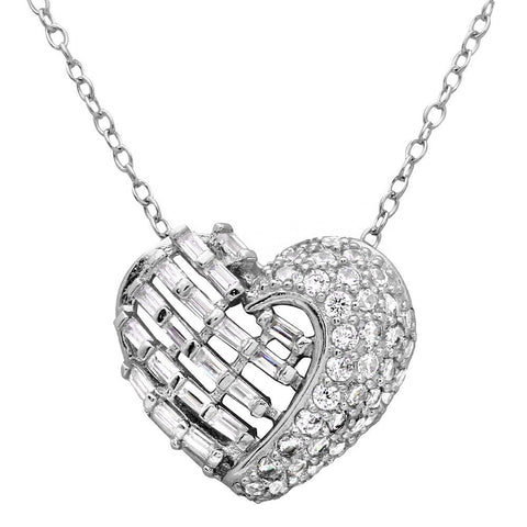 Sterling Silver Rhodium Plated 2 Sided Baguette CZ Stones Heart Necklace