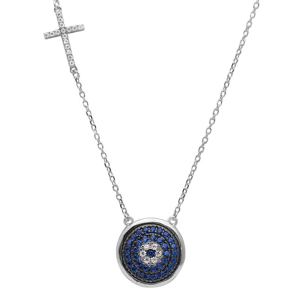 Sterling Silver Rhodium Plated Blue CZ Evil Eye With CZ Cross Charm Necklace